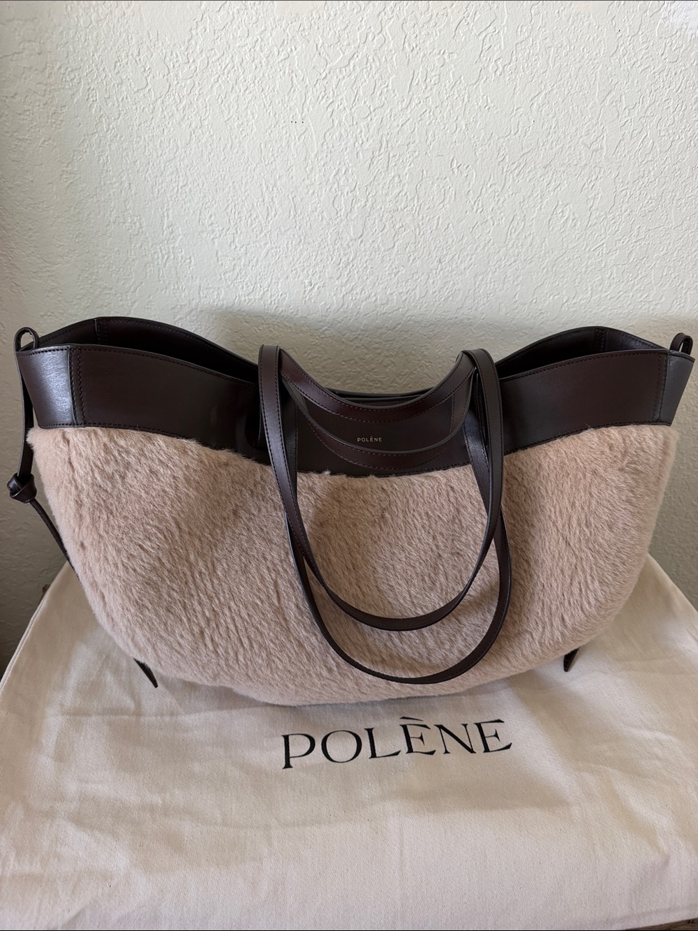 Polène Beige Shearling and Dark Brown Leather Tote
